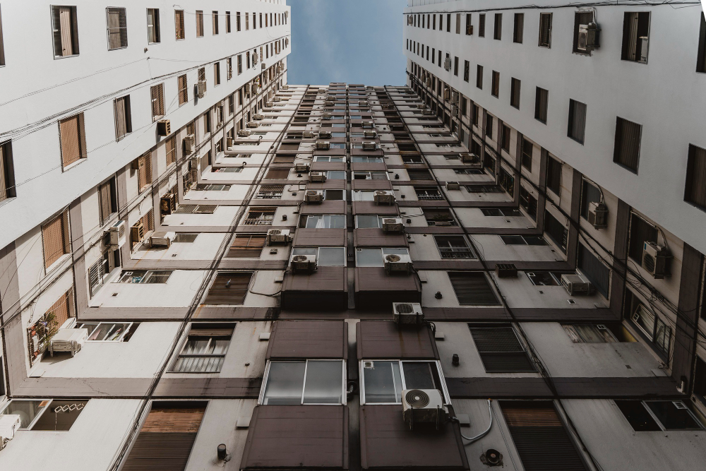 Low angle massive concrete building city