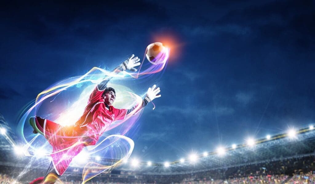 Soccer player on stadium in action mixed media